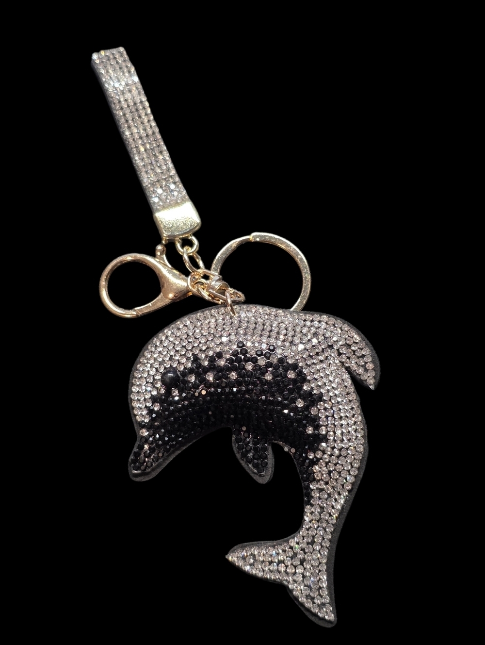 Crystal Dolphin Bag Charm Keychain Charm - Silver and Black